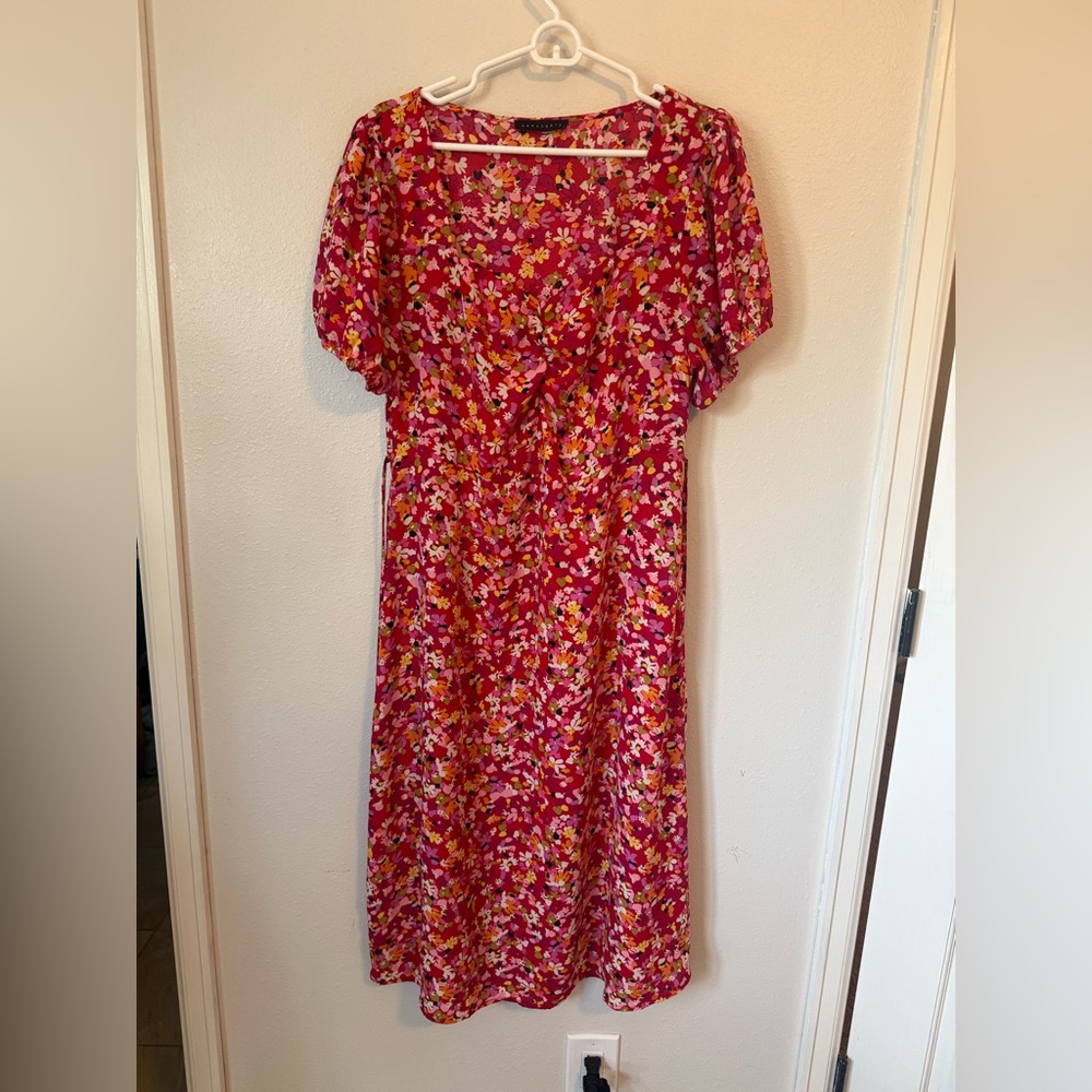 Sanctuary Red Floral Print Puff Sleeve Midi Dress Sweetheart Neck Tie Back Large